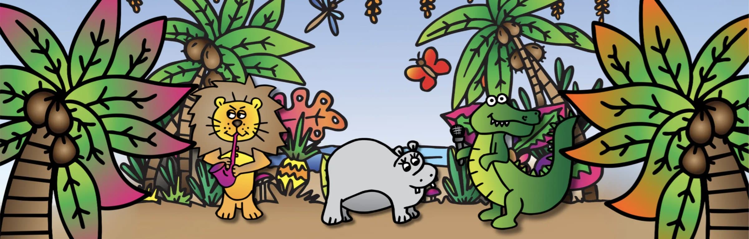 OTA's jungle — lion on sax, OTA the hippo, and a crocodile on the mic